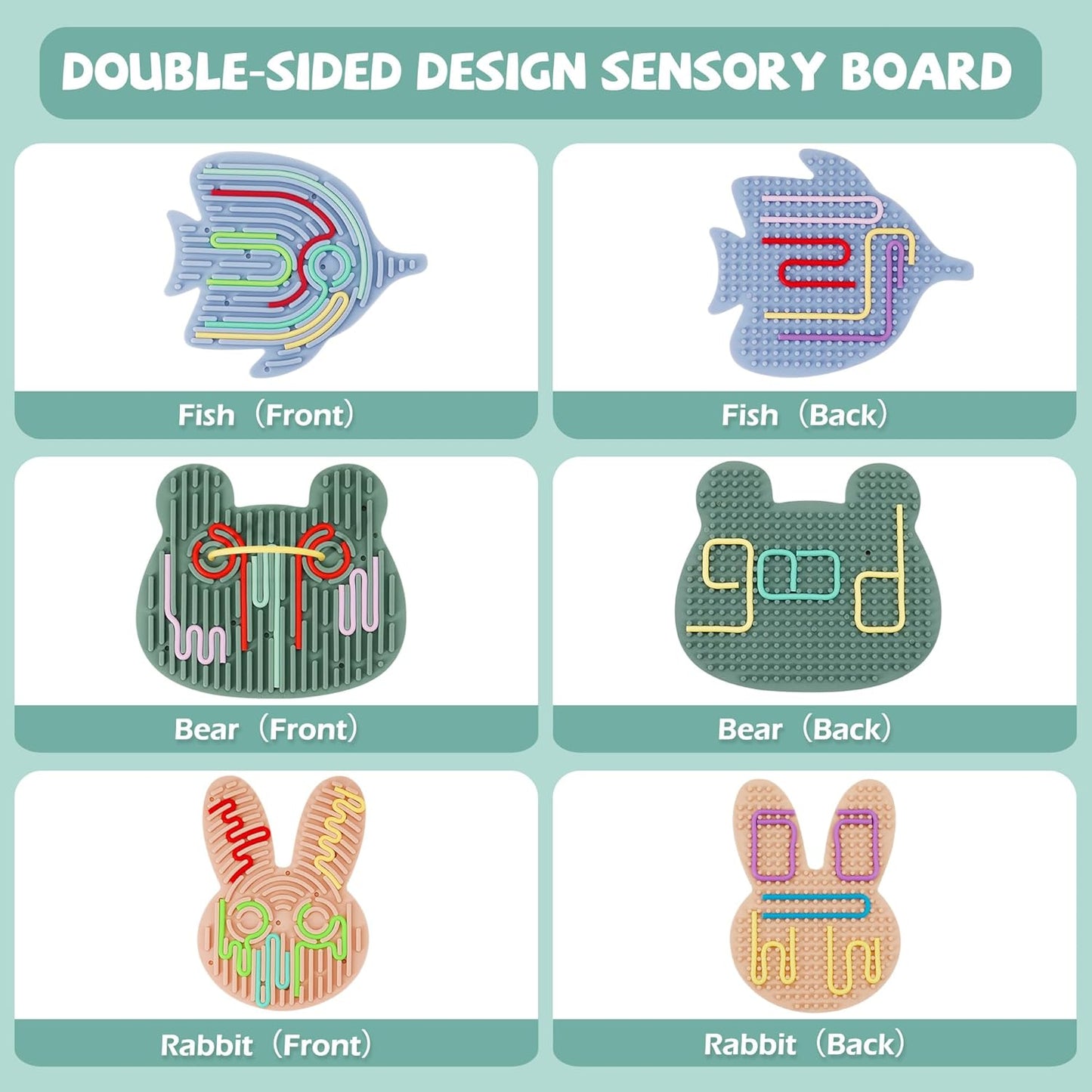 3PCS Sensory Activity Board with 30 Strings, Double-Sided Silicone Sensory Board for Calming Stress, Fidget Toys for ADHD & Autism Kids 3+ Year Old