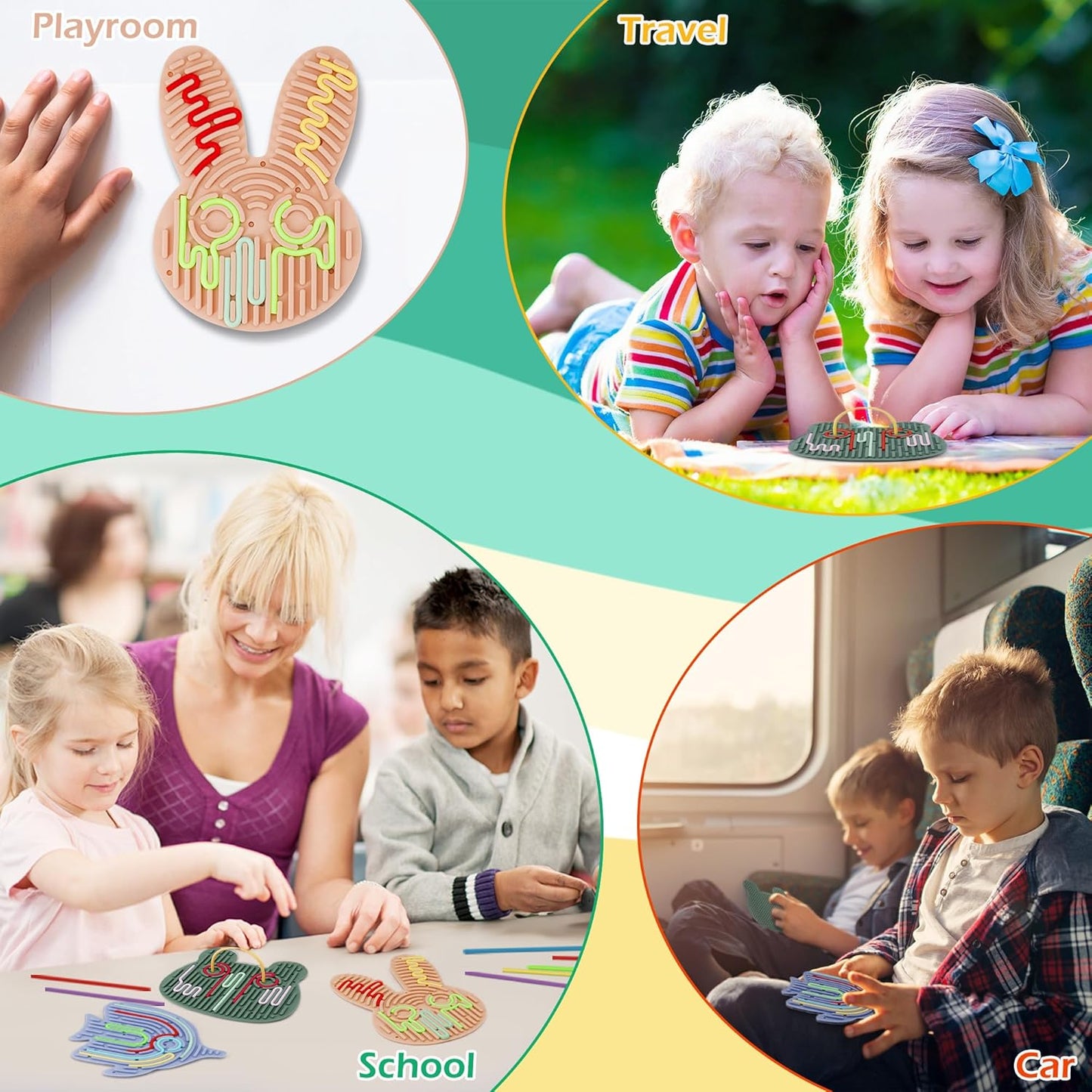 3PCS Sensory Activity Board with 30 Strings, Double-Sided Silicone Sensory Board for Calming Stress, Fidget Toys for ADHD & Autism Kids 3+ Year Old