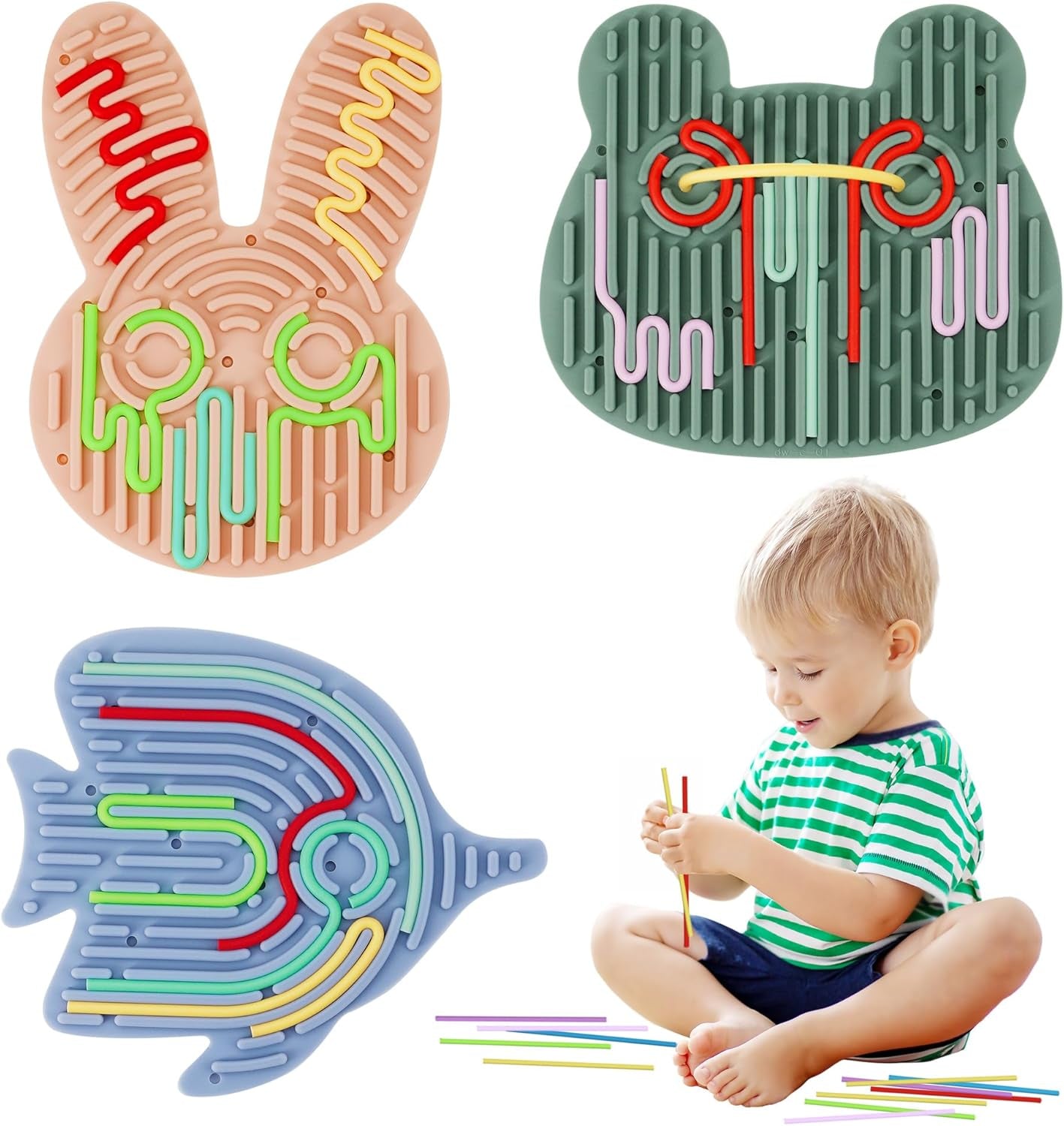 3PCS Sensory Activity Board with 30 Strings, Double-Sided Silicone Sensory Board for Calming Stress, Fidget Toys for ADHD & Autism Kids 3+ Year Old