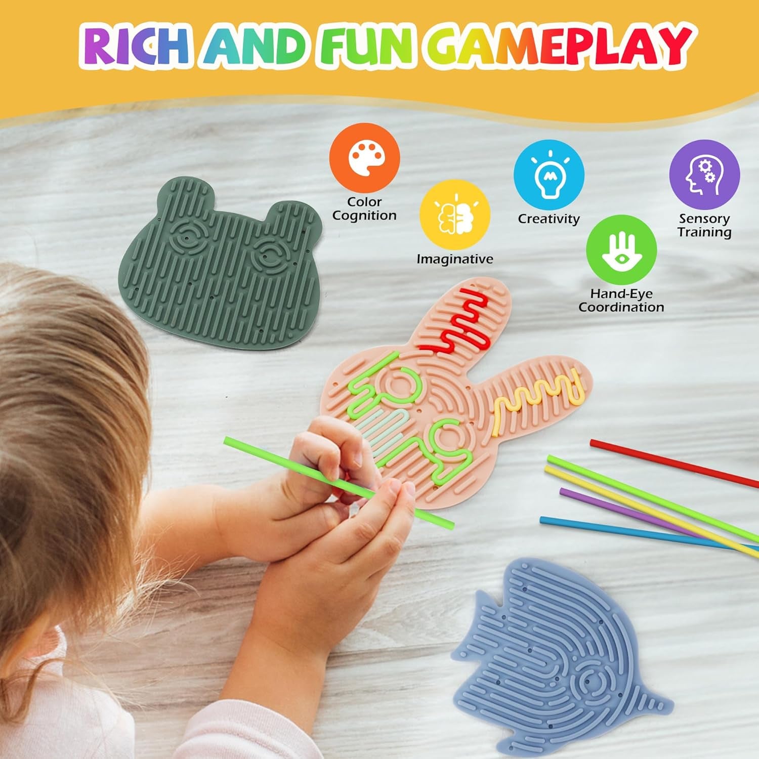 3PCS Sensory Activity Board with 30 Strings, Double-Sided Silicone Sensory Board for Calming Stress, Fidget Toys for ADHD & Autism Kids 3+ Year Old